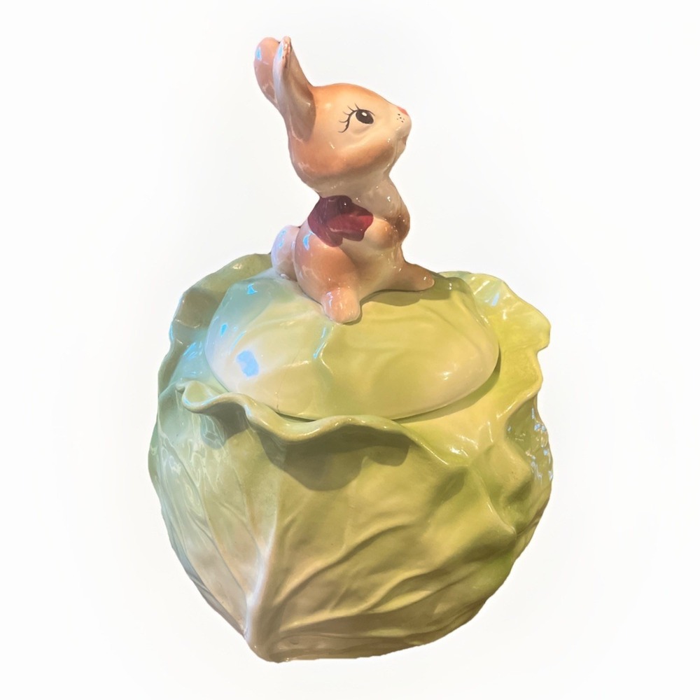 Vintage Metlox Poppytrail Bunny Rabbit On Cabbage Ceramic Cookie Jar